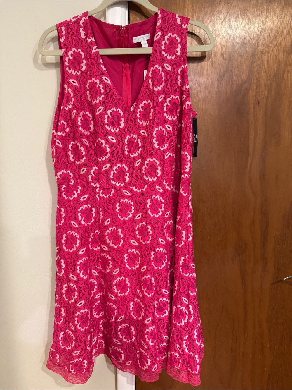 NWT New York & Company Hot Pink Lace Floral V-Neck Mini Dress